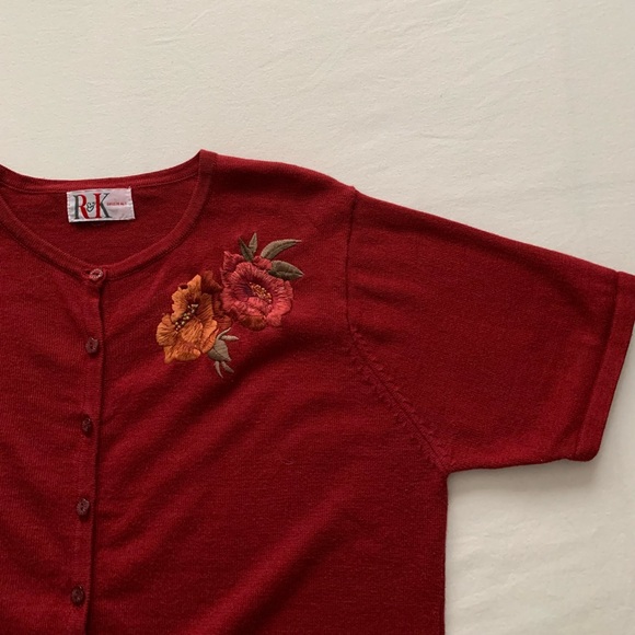 Women’s Short Sleeve Knit Cardigan Sweater w/ Embroidered Flowers - Picture 2 of 5